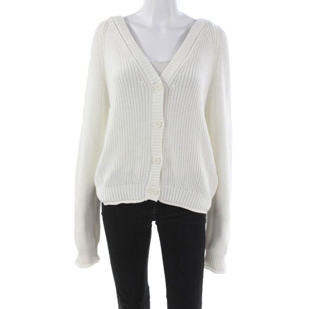 One Grey Day Womens V-Neck Cotton Blend Cardigan White Long Sleeve Size L